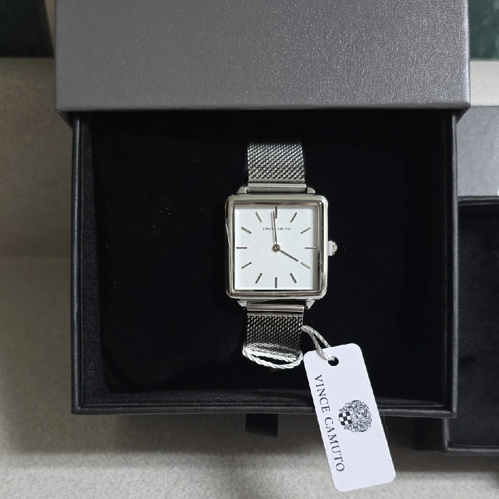 Vince Camuto Silver Square Watch, bracelet, and Earring Set. - Picture 2 of 7